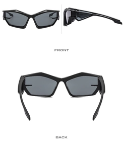 Front and back views of futuristic Y2K geometric sunglasses with black irregular frame