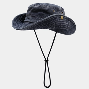 Dark blue washed cotton outdoor wide brim sun hat with adjustable drawstring and side snaps