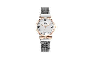 Detail of Milanese mesh band and striped watch face with elegant Arabic numerals