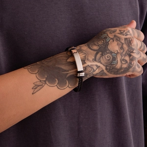 Braided Leather Bracelet Stainless Steel Curved ID Plate Fold-Over Clasp Trendy Fashion Wristband For Men