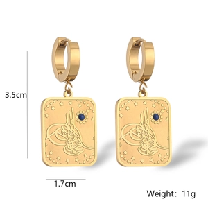 Detailed view of tarot card drop earrings showing 3.5cm height and blue bead inlay