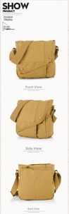 Three-way view of khaki canvas messenger bag showing front, side and back details