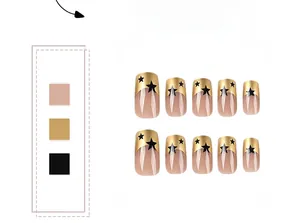 Detailed view of press-on nails featuring gold tips, nude base, and black star patterns