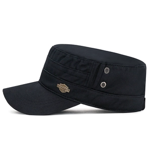Classic black cotton cadet cap with metal eyelets and a vintage shield logo badge