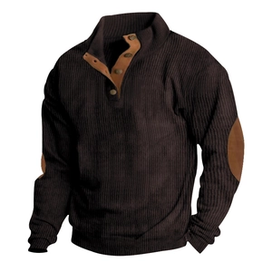 Men's dark coffee corduroy pullover jacket with brown leather elbow patches and stand collar