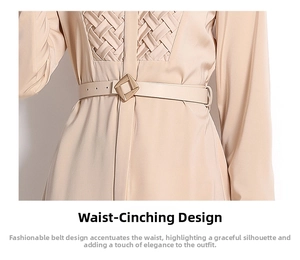 Detail of elegant champagne satin dress featuring hand-woven texture and waist belt