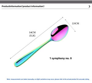 Regenbogenfarbener Edelstahllöffel mit Maßen von 14cm Länge und 2,9cm Breite im Detail