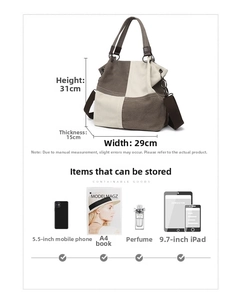 Detail of canvas tote bag showing dimensions 31x29x15cm and large storage capacity