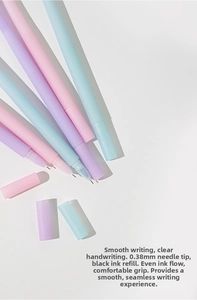 Detail of 0.38mm needle tip pens in macaron pink blue and purple colors with black ink