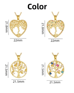 Detailed size view of gold tree of life pendants in heart and round shapes with zircons