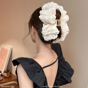 Large white layered bow hair claw clip for women, elegant chiffon fabric shark clip