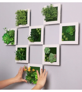 Detailed close-up of artificial succulent plants in white frames for interior wall decor
