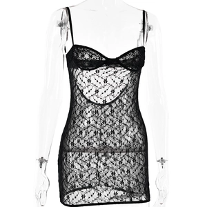 Detail shot of sheer floral lace fabric and delicate straps on a black mini dress