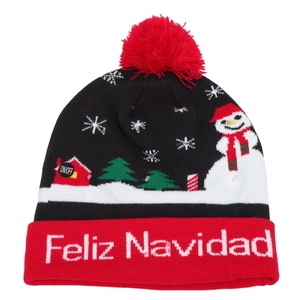 Detail of Christmas knit hat with colorful LED lights and Feliz Navidad embroidery