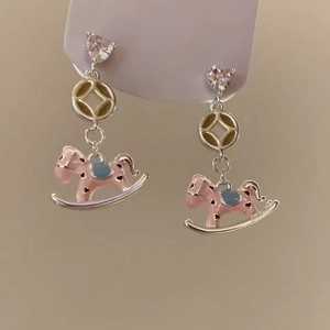 Rocking Horse Pendant Earrings With Enamel Pink Pony Heart Zircon And Silver Earring Post Sweet Vintage Style For Women