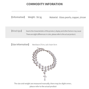 Detailed view of layered pearl necklace with cross pendant showing length specifications