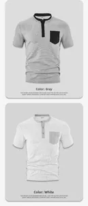 Detail view of waffle texture fabric and chest pocket on men's color block Henley shirt