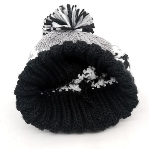 Winter knitted pom-pom beanie for women with tricolor contrast design and warm lining