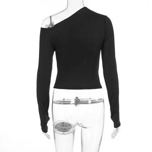 Rear view of black one-shoulder long sleeve slim top on a transparent mannequin