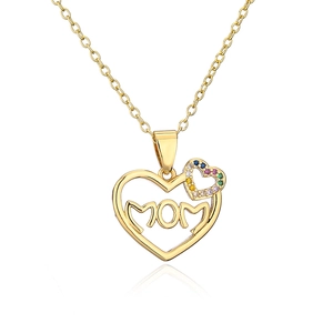 18K gold-plated MOM heart pendant necklace with colorful zircon heart on white background