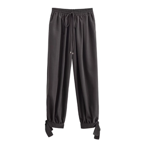 Women High Waist Harem Pants Polyester Elastic Drawcord Waist Loose Casual Lantern Joggers With Bow Tie Cuffs