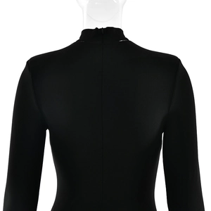 Back view of black long sleeve jumpsuit featuring high neck and invisible back zipper