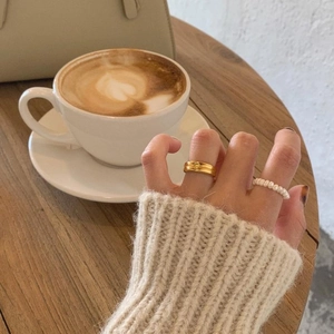 Minimalist double-layer 925 sterling silver rings with gold texture and pearl beads