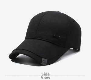 Detail shot of black twill cotton baseball cap with sport fashion side woven label