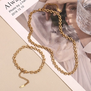 Minimalist 18K gold plated stainless steel necklace and bracelet set with H-link design