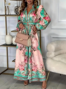 Floral Printed Maxi Dress Polyester Elegant V Neck Long Sleeve Button Up High Waist Bohemian Style For Women