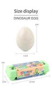 Detailed dimension guide for the 12-pack dinosaur egg matching toy and green storage case