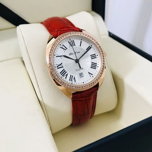 Montre quartz femme avec bracelet cuir rouge, boîtier diamant or rose et chiffres romains