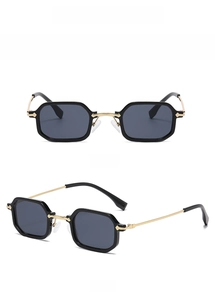 Front- und 45-Grad-Seitenansicht der rechteckigen Sonnenbrille in Schwarz und Gold
