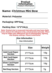 Detailed chart showing size and material specs for mini Christmas tree ribbon bows