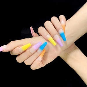 Press On Nails Long Coffin Shape Gradient Rainbow Colors Full Cover Artificial False Nails Glossy Simple Style Manicure