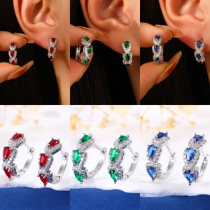 Vintage silver huggie earrings with pear-cut zircon in red, green and blue colors
