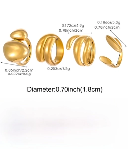 Detailed size specifications for 18K gold plated stainless steel stacked rings set