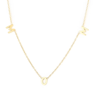 Elegant gold MOM pendant necklace with refined link chain on a clean white background