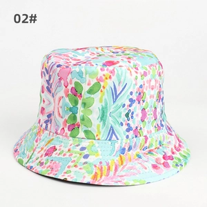 Detailed view of colorful abstract watercolor floral pattern on a cotton bucket hat