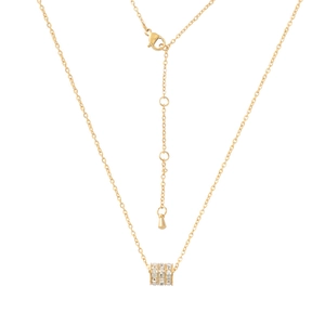 Detail of gold cylinder pendant with clear crystals and lobster clasp closure chain