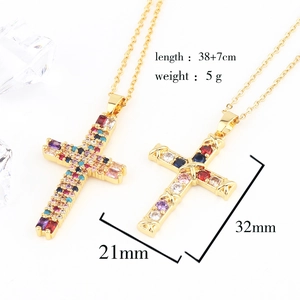 18K gold plated copper cross necklaces with colorful micro-inlay zircon on white background
