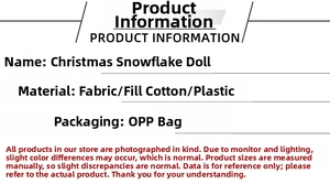 Detailed specifications of the Christmas snowflake dwarf doll including materials and packaging