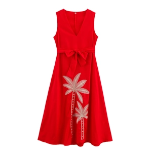 Rotes Ärmelloses Maxikleid V-Ausschnitt Polyester Mit Gürtel Tropische Kokosnussbaum Bestickung Urlaub Elegant Damen