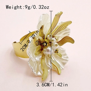 Detailed size view of a large golden flower ring with white pearls and petals, 3.6cm high