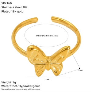 Detailed dimension guide for 18K gold plated stainless steel bow ring showing size info