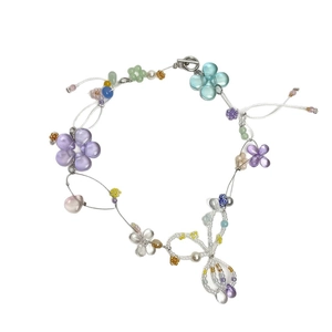 Handmade beaded flower necklace with green glass crystals and sweet bowknot design