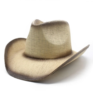 Classic straw western cowboy hat with upturned brim and brown smoked finish on white background