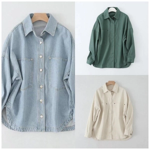 Women's casual loose denim shirt jacket with flap pockets in blue, green, and beige