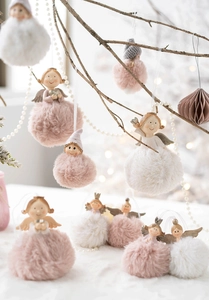 Detailed view of pink and white plush angel ornaments with resin heads and wings