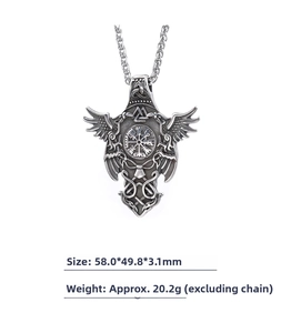 Viking raven necklace detail showing dimensions 58x49.8mm and embossed compass symbols